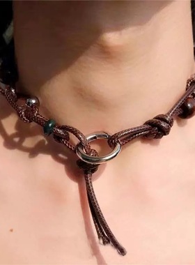 国潮美拉德风棕色皮绳项链多元素木珠手工编织颈链choker锁骨链女