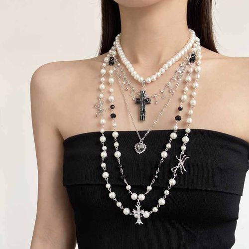 y2k朋克风多层珍珠十字架项链女