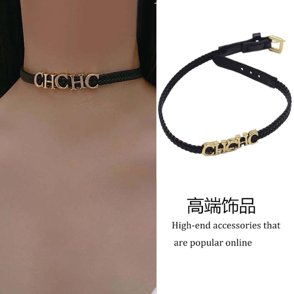 黑色编织皮质金属字母项圈颈链女