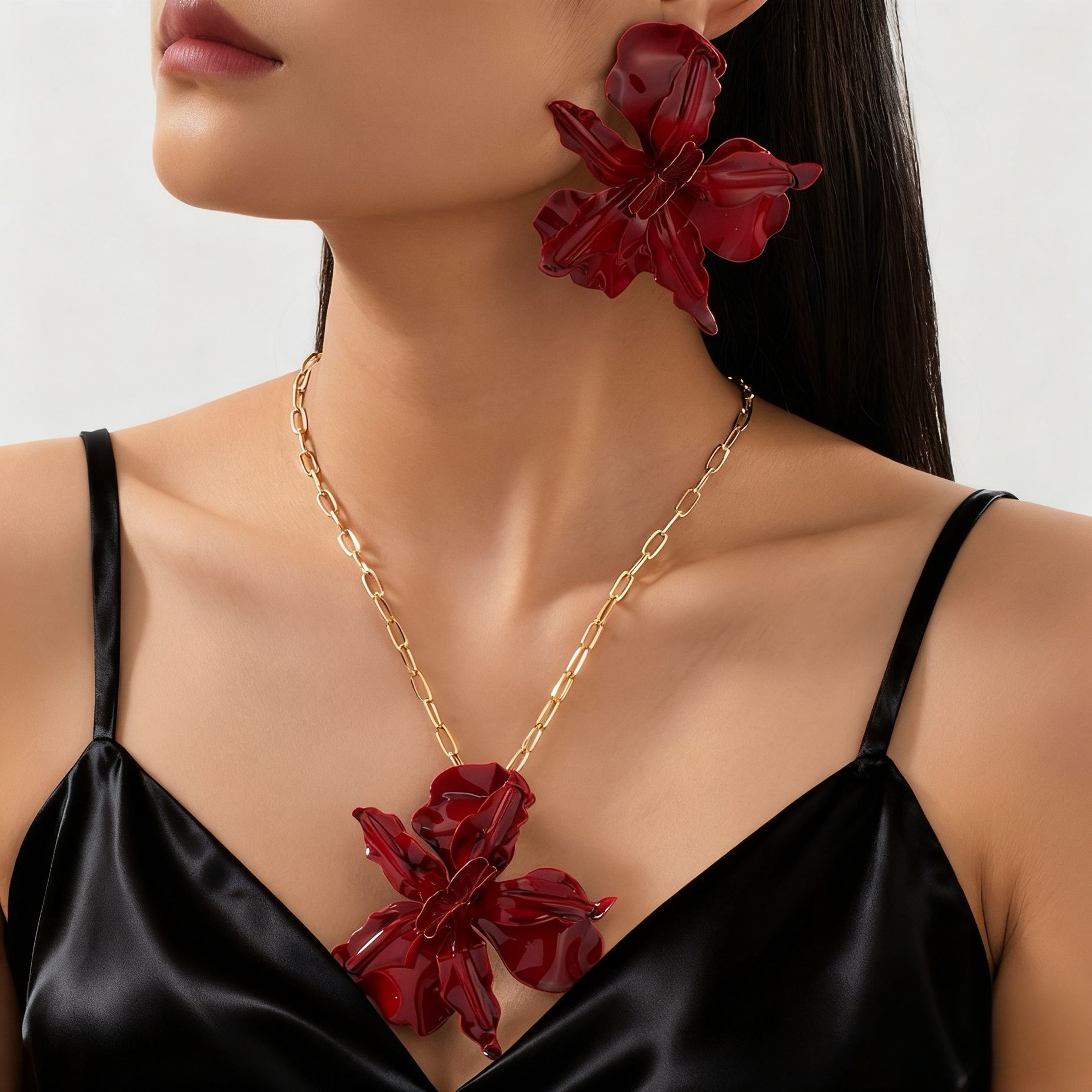 欧美夸张立体几何褶皱烤漆花朵项链女小众设计感高级感毛衣链配饰