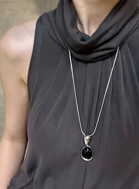 金属风复古黑玛瑙拼接项链女高级感长款不规则椭圆黑曜石毛衣链