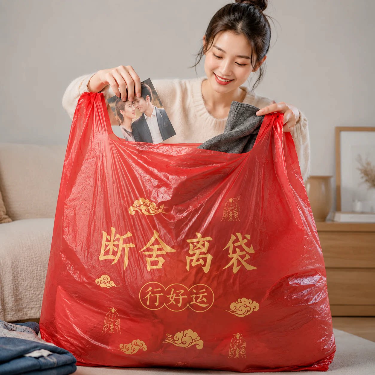 【红带子扔旧迎薪】断舍离红色除秽拉吉垃圾袋家用手提式加大加厚