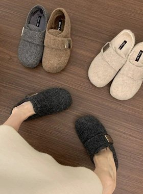 复古圆头魔术贴灰色呢子加绒勃肯鞋女外穿秋冬保暖玛丽珍乐福棉鞋