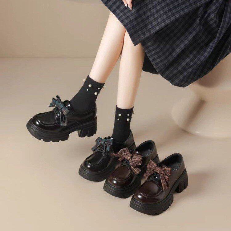 黑色小皮鞋女2025年新款春秋蝴蝶结深口单鞋女鞋子粗跟厚底乐福鞋,女鞋,深口单鞋,淘宝优惠券,粉丝福利购,淘宝优惠卷