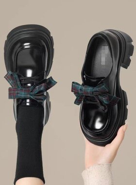 黑色小皮鞋女2025年新款春秋蝴蝶结深口单鞋女鞋子粗跟厚底乐福鞋