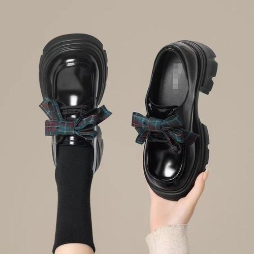 黑色小皮鞋女2025年新款春秋蝴蝶结深口单鞋女鞋子粗跟厚底乐福鞋