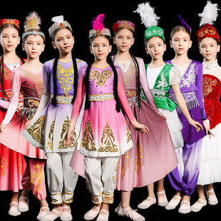 新疆舞蹈演出服新款娃哈哈儿童维吾尔族古丽巴郎仔绽放花儿舞蹈裙