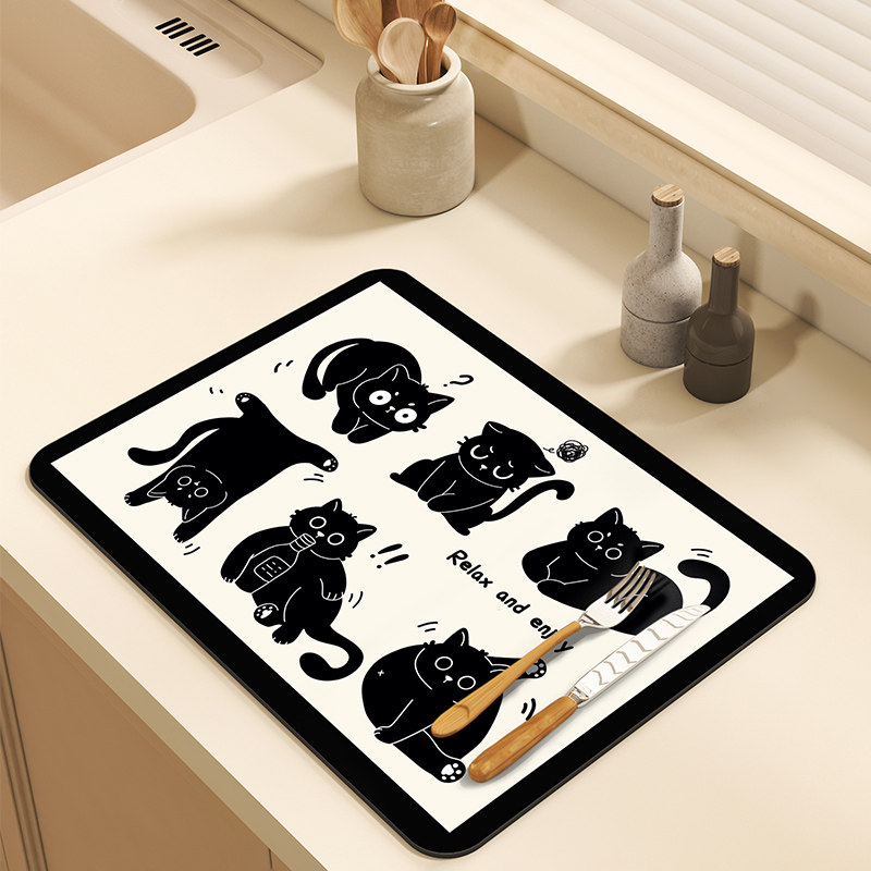 黑白猫咪沥水垫软硅藻泥厨房台面免洗防滑垫吧台隔热速干吸水餐垫,居家布艺,餐垫,淘宝优惠券,粉丝福利购,淘宝优惠卷