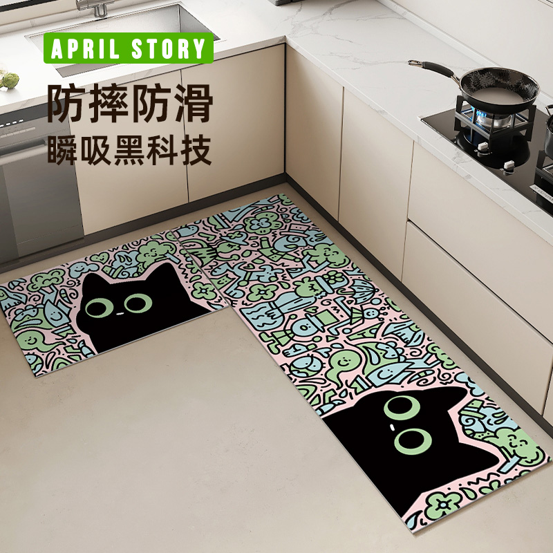 大眼猫厨房地垫2025新款硅藻泥吸水门口垫子长条可擦免洗防滑软垫