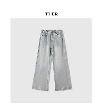 【TTIER】2025春季新款韩系减龄百搭重工烫钻浅色阔腿牛仔裤