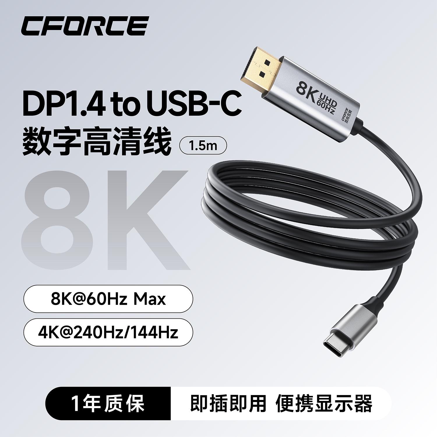 CFORCE TypeC转DP1.4转接线双向互转8K60hz显示器外接转换器4K144hz高清转接器适用笔记本平板手机