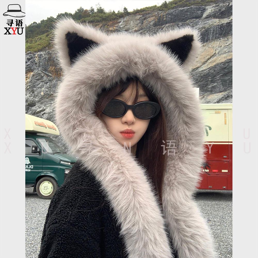 寻语  小熊围巾帽女士冬季帽子两面毛毛百搭环保毛围巾一体保暖帽