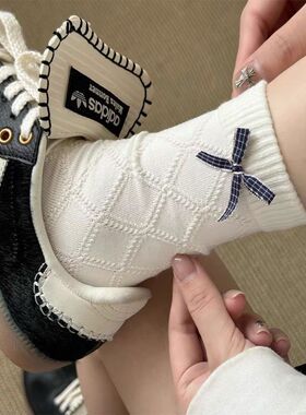 秋冬季韩版ins风中筒袜子女春秋款日系堆堆可爱白色蝴蝶结袜子女