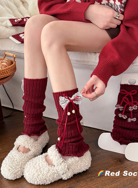 袜套女红色蝴蝶结新年圣诞节堆堆袜套日系lolita小腿袜套