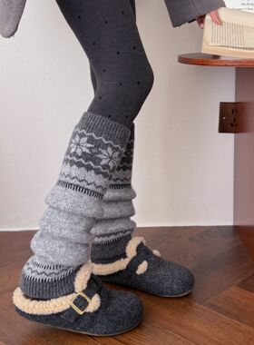 灰色费尔岛羊毛袜套冬季蓄热保暖堆堆袜韩系ins叠穿连裤袜小腿套