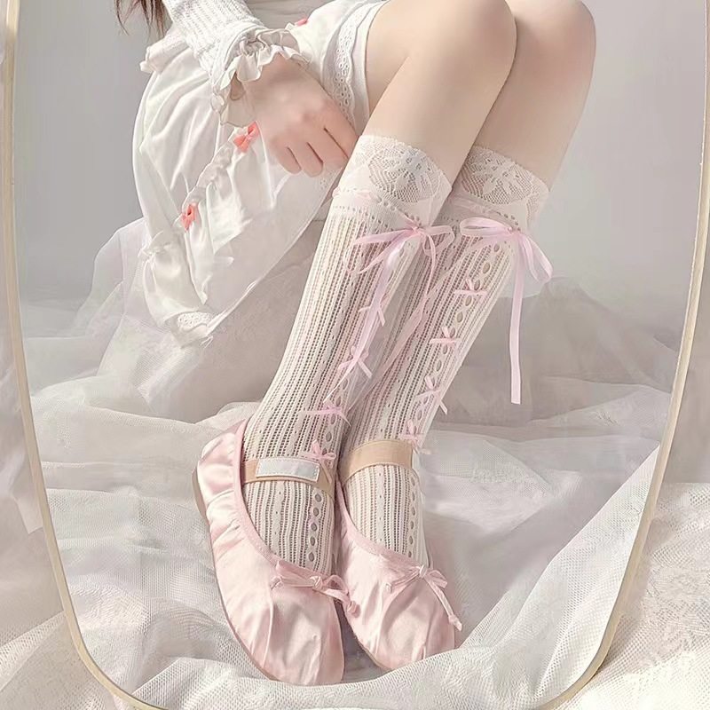 Jackson洛丽塔甜美绑带蝴蝶结中筒袜蕾丝日系小腿袜学生可爱袜子