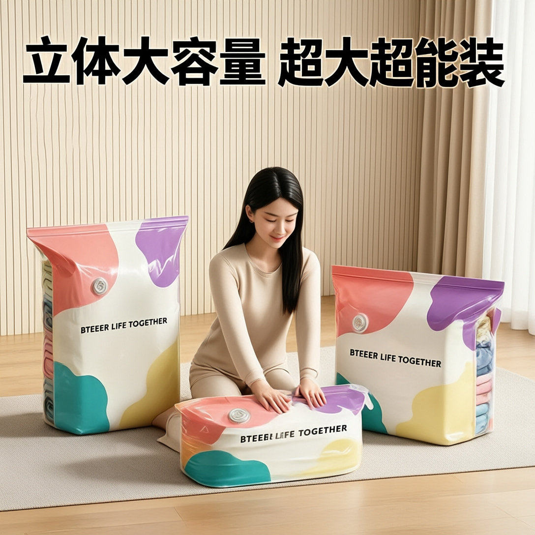 加厚家用抽压两用换季衣服棉被真空压缩收纳袋立体免抽气