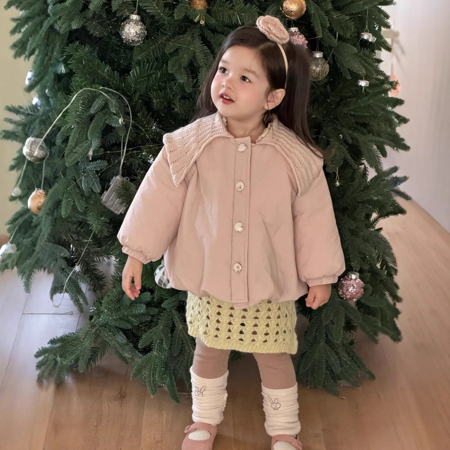 [那子]女童冬季翻领加厚夹棉棉衣外套套装女宝宝加绒打底衫打底裤