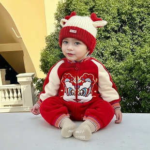 [本印苏拉]婴儿冬季中国风加绒连体衣棉衣外套宝宝春节外出拜年服