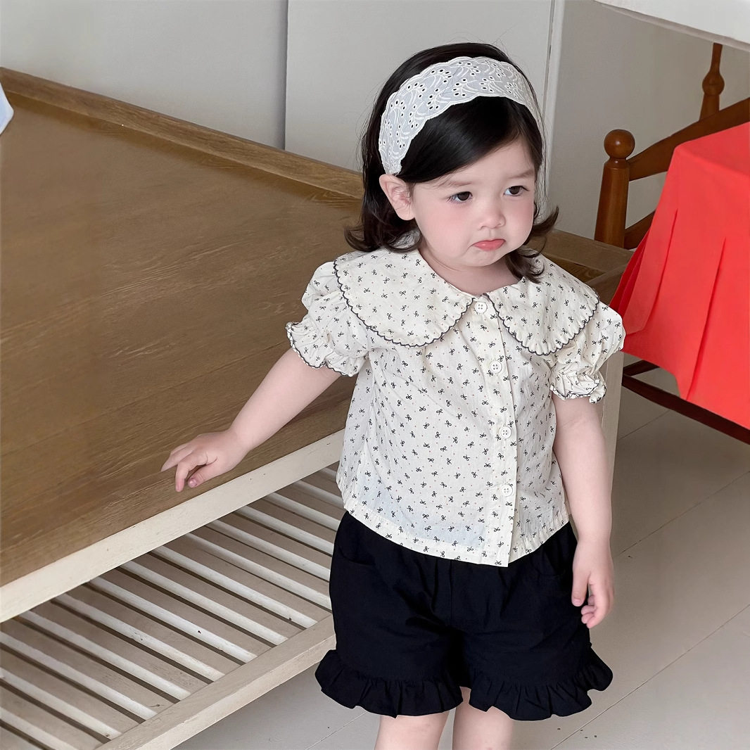 【那子】女童宝洋气短袖娃娃衫衬衫上衣短裤夏季小女孩超好看套装