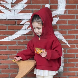 [那子]女童秋冬加厚连帽洋气外套女宝加绒杏色外穿打底裤外出套装