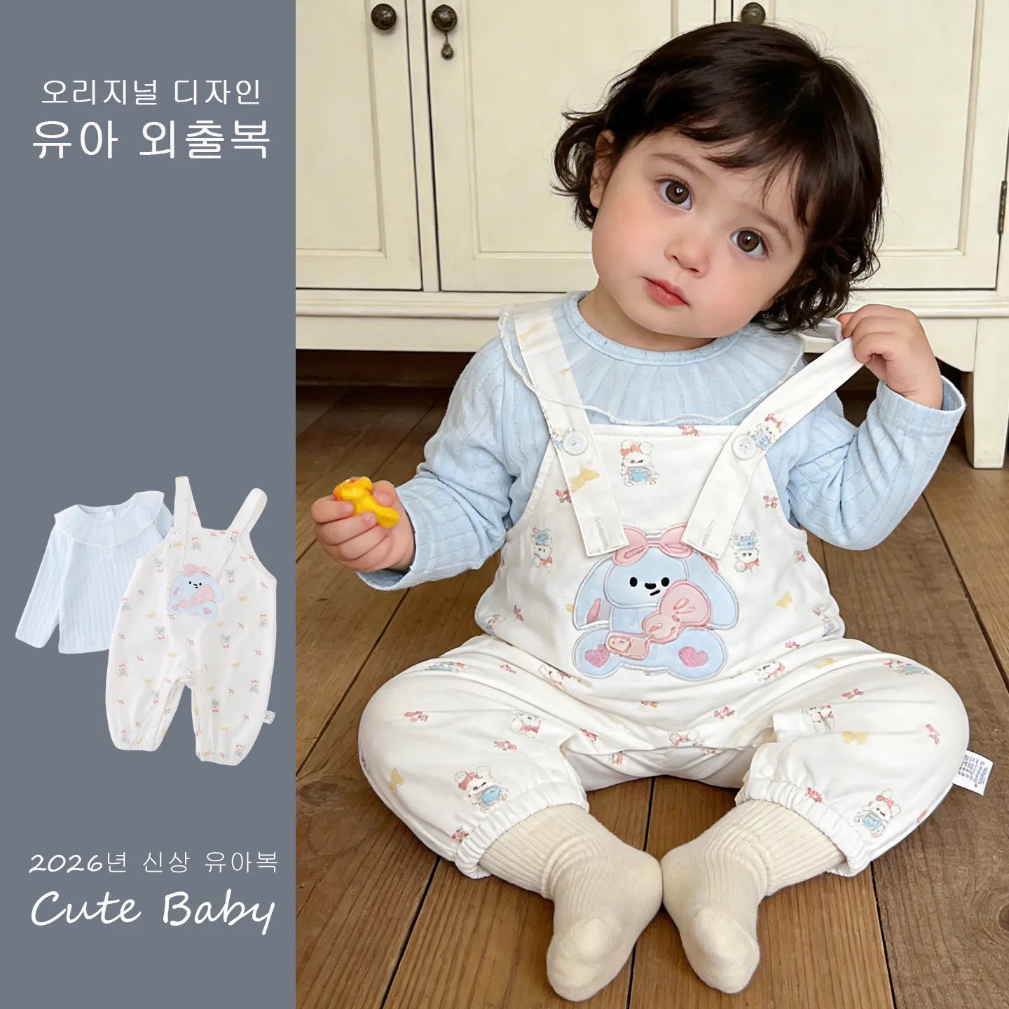 [鸣爬]婴儿春秋超萌洋气背带裤套装女宝宝花边领纯棉t恤时尚套装