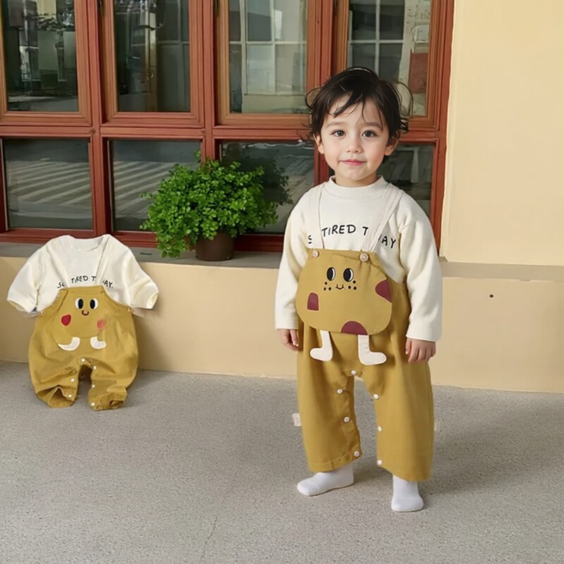 [鸣爬]男童宝宝春秋洋气可爱背带裤婴儿纯棉t恤打底衫休闲套装