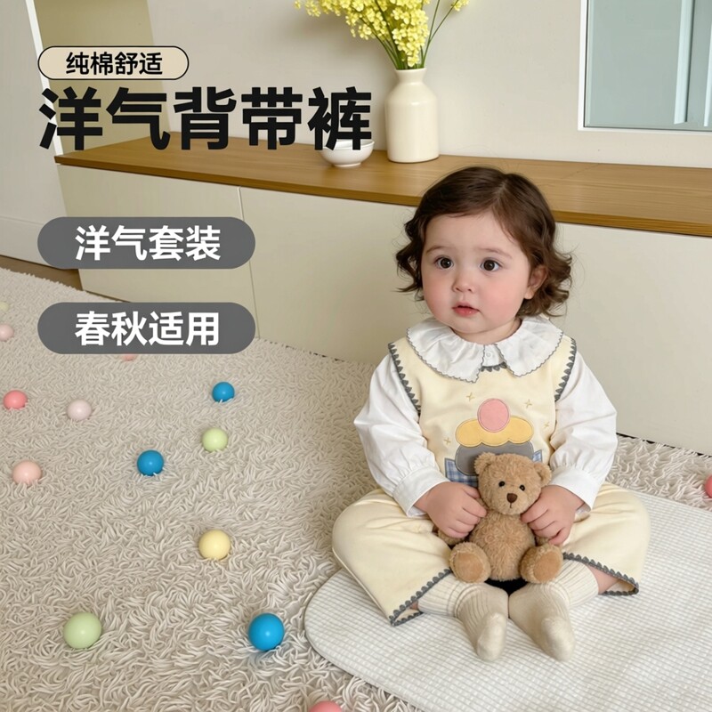 [鸣爬]婴儿女童宝春秋洋气背带裤套装纯棉t恤上衣打底衫休闲套装