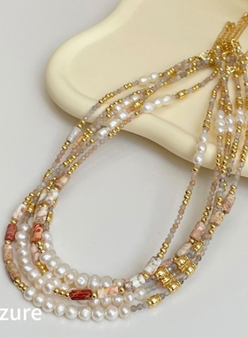 原创ins新款彩色天然石串珠女项链简约度假风竹节锁骨链小众颈链