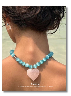 韩国网红新款冰川蓝猫眼石串珠项链甜美可爱风爱心锁骨链磁吸尾链