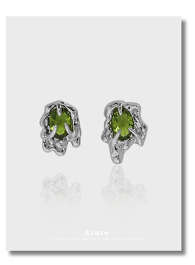 绿色锆石耳钉女小众高级感轻奢气质个性独特耳环不规则熔岩耳钉