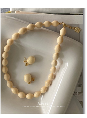 法式奶油色树脂琥珀石椭圆串珠高级感温柔气质短款女锁骨链耳钉