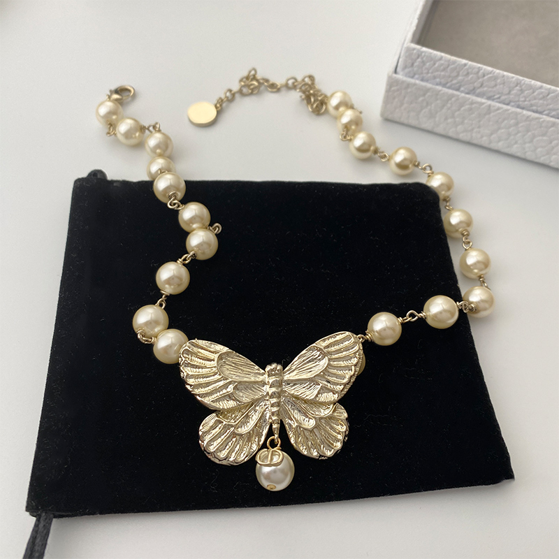 奥米迪奥CD蝴蝶珍珠项链颈链金属浅金色高贵气质新款时尚法式浪漫