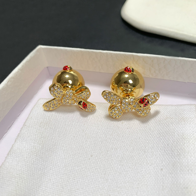 瓢虫蝴蝶结镶钻金球耳环女前后两戴设计高级D家轻奢个性独特耳饰