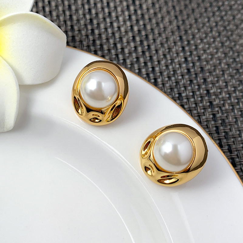 奥米迪奥金属珍珠椭圆耳钉欧美高级感气质日常耳环冷淡风S925银针