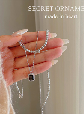 丽银银灰色倪妮同款大溪地黑珍珠项链女秋冬毛衣链锁骨颈链