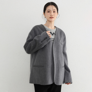呢大衣女无领毛呢外套2023秋冬新款 式 100%羊毛西装 MIUZA设计款
