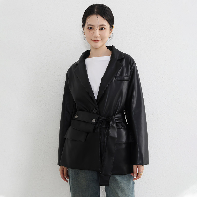 MIUZA设计款复古夹棉皮衣外套一粒扣西装领棉服女款2023冬季新款