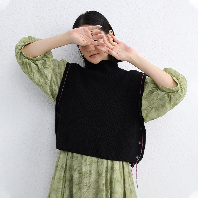 MIUZA设计师款高领针织马甲女叠穿黑色毛衣背心外穿2023秋冬新款