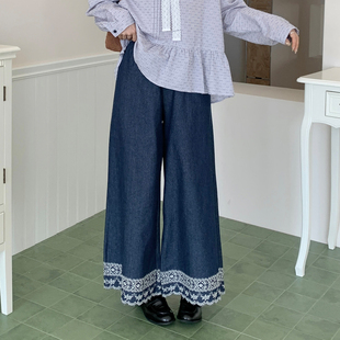 新款 日系穿搭刺绣阔腿牛仔裤 子2025秋季 型超好看裤 女宽松版