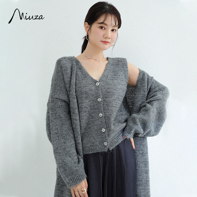 MIUZA日系中长款毛衣开衫外套/V领针织马甲女两件套装24秋冬新款