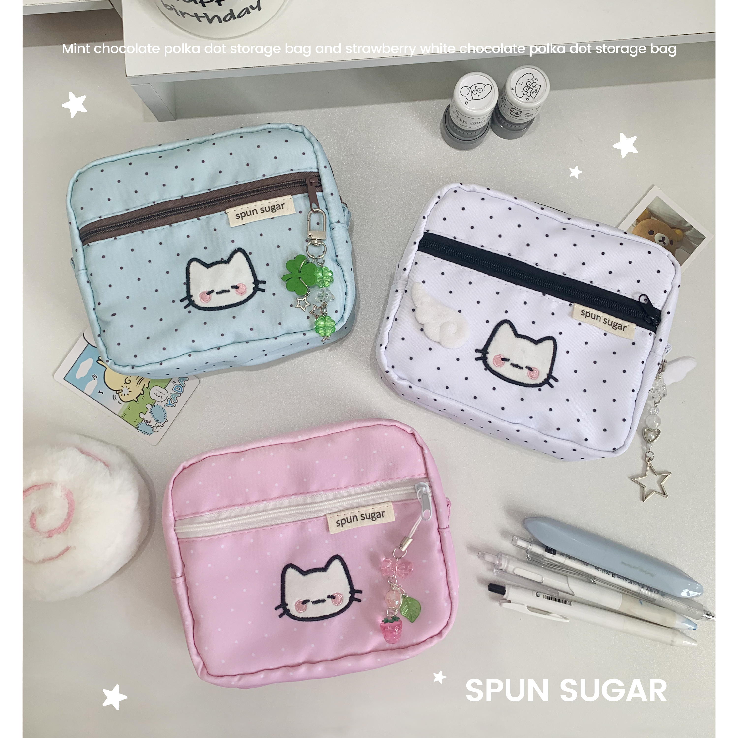 棉花加点糖原创波点小猫化妆包零钱包可爱卫生巾收纳包ccd相机包