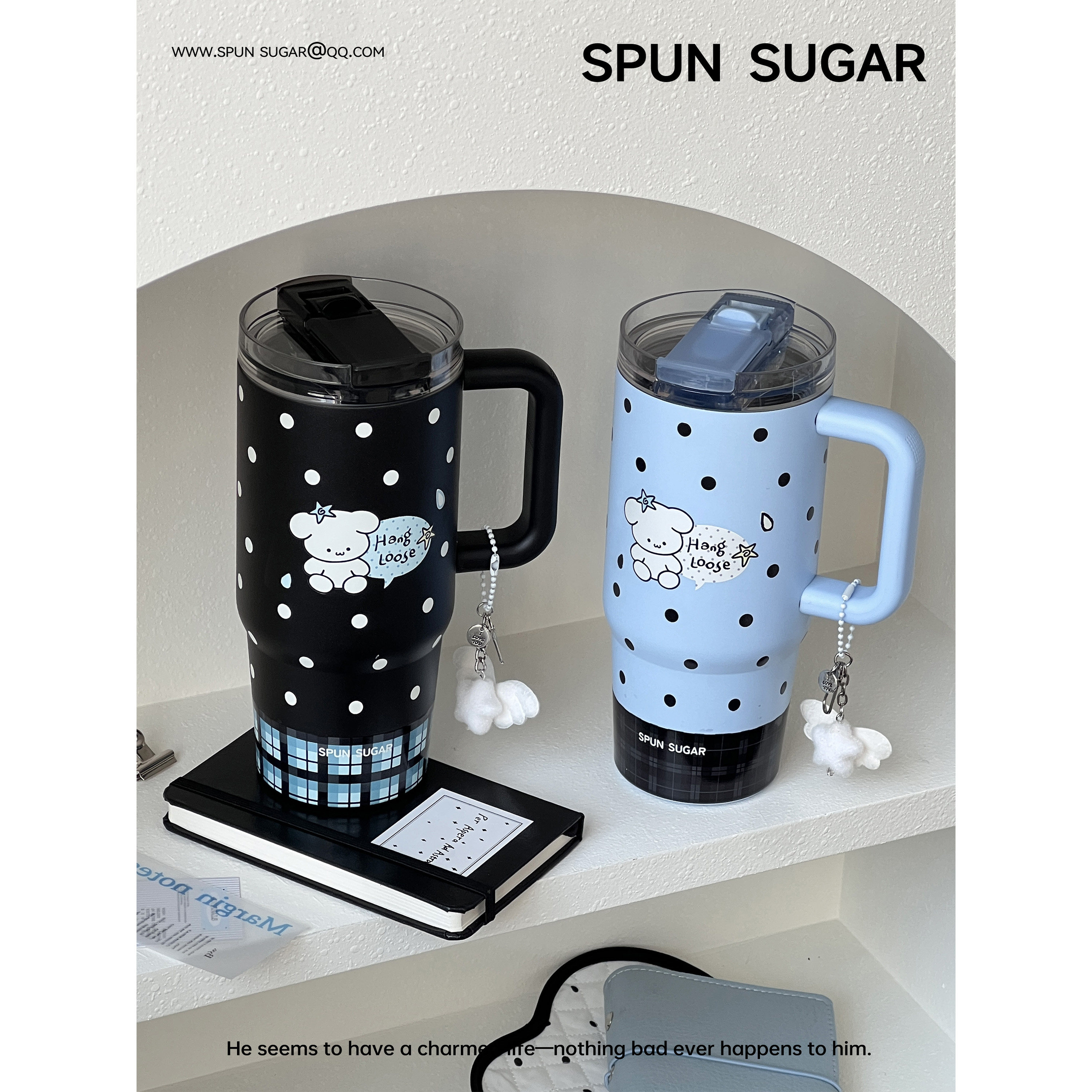 棉花加点儿糖原创海盐波点狗狗手柄保温杯水杯可爱大容量冰霸杯