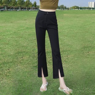 黑色女夏季新款薄款显瘦垂感九分西裤小个子开叉休闲微喇裤