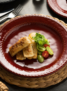 特色红色盘子创意个性家用美式牛排餐盘陶瓷西餐餐盘窑变酒店餐具