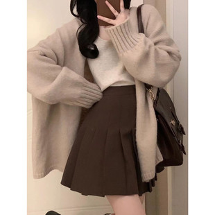奶糯风温柔穿搭毛衣套装裙女秋冬季慵懒针织开衫吊带百褶裙两件套