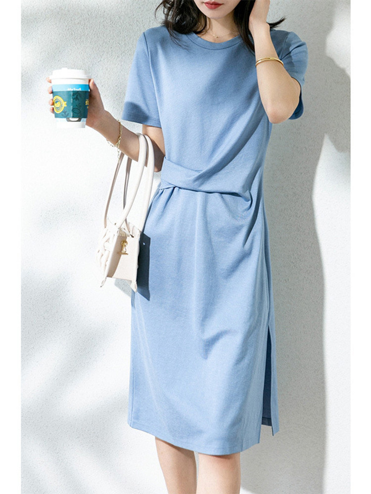 SUMMER 2024 NEW KOREAN VERSION SIMPLE TEMPERAMENT SHORT SLEEVE WAIST BLUE CREW NECK SLIT T-SHIRT DRESS SKIRT GIRLS