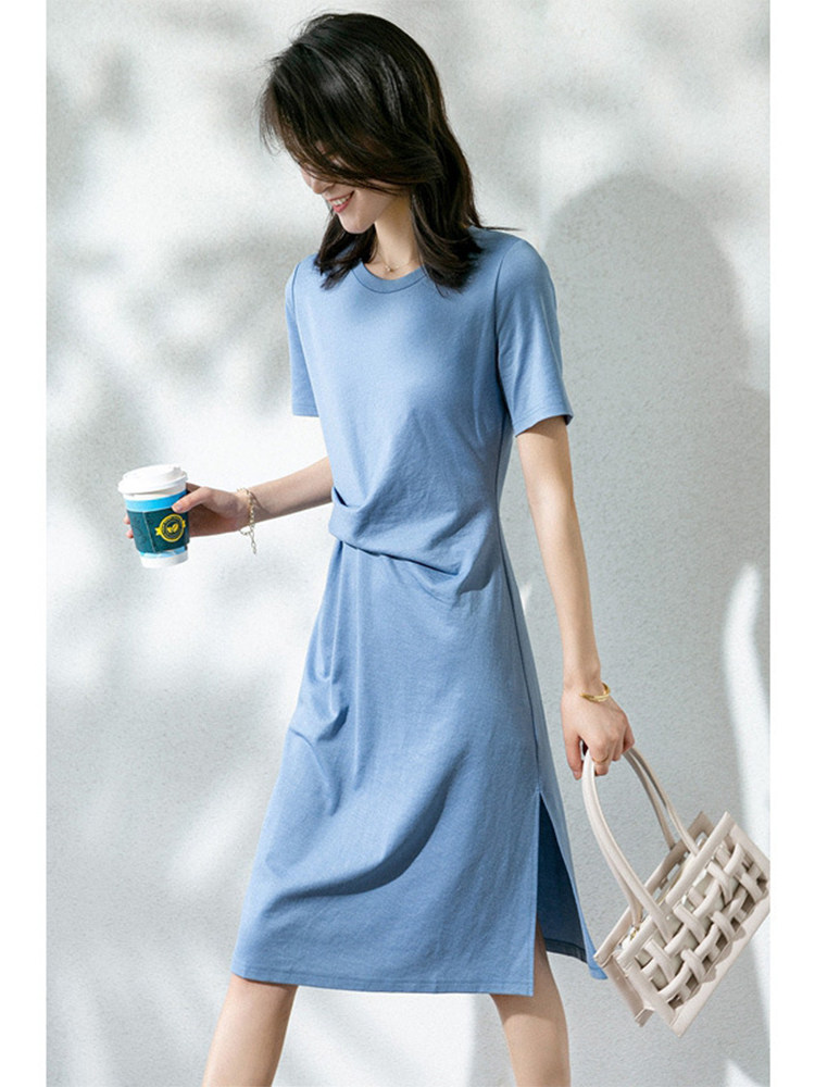 SUMMER 2024 NEW KOREAN VERSION SIMPLE TEMPERAMENT SHORT SLEEVE WAIST BLUE CREW NECK SLIT T-SHIRT DRESS SKIRT GIRLS