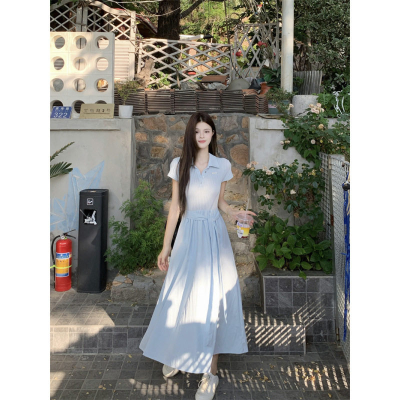 实拍女夏季气质设计感独特漂亮连衣裙蓝色大方短袖裙子