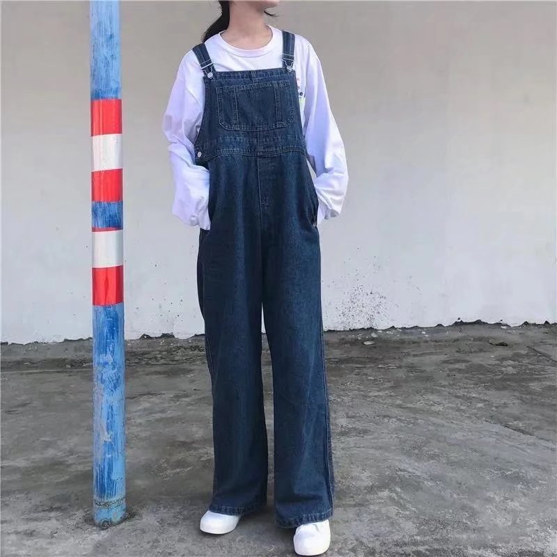 韩版宽松直筒牛仔背带裤女生2023年秋冬季新款盐系显瘦阔腿裤子潮